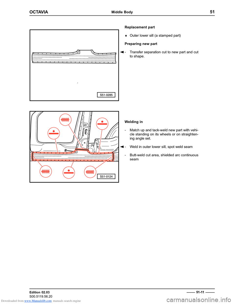 SKODA OCTAVIA 1997 1.G / (1U) Body Repairs Workshop Manual Downloaded from www.Manualslib.com manuals search engine OCTAVIAMiddle Body51
Edition 02.03 
S00.5119.56.20
Replacement part �Outer lower sill (a stamped part)
Preparing new part
� - Transfer separati