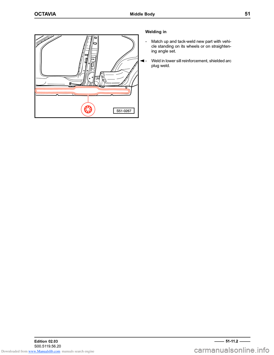 SKODA OCTAVIA 1997 1.G / (1U) Body Repairs Workshop Manual Downloaded from www.Manualslib.com manuals search engine OCTAVIAMiddle Body51
Edition 02.03 
S00.5119.56.20------------  5
1 
11.
2  - ------------
Welding in 
- Match up and tack-weld new part with 