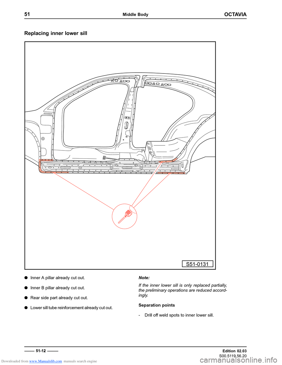 SKODA OCTAVIA 1997 1.G / (1U) Body Repairs Workshop Manual Downloaded from www.Manualslib.com manuals search engine OCTAVIA
51Middle Body
Edition 02.03
S00.5119.56.20
Replacing inner lower sill
�
Inner A pillar already cut out.
� Inner B pillar already cut ou