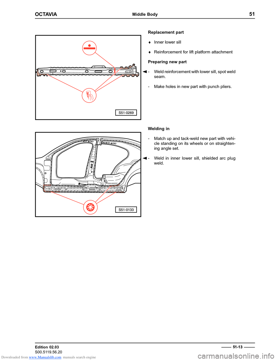 SKODA OCTAVIA 1997 1.G / (1U) Body Repairs Workshop Manual Downloaded from www.Manualslib.com manuals search engine OCTAVIAMiddle Body51
Edition 02.03 
S00.5119.56.20
Replacement part �Inner lower sill
� Reinforcement for lift platform attachment
Preparing ne