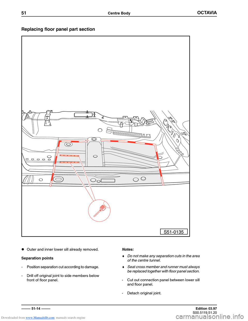 SKODA OCTAVIA 1997 1.G / (1U) Body Repairs Workshop Manual Downloaded from www.Manualslib.com manuals search engine �������
51Centre Body
������������������� � ������������ Edition 03.97
��������������
Replacing floor panel part section
�
Outer and inner lowe