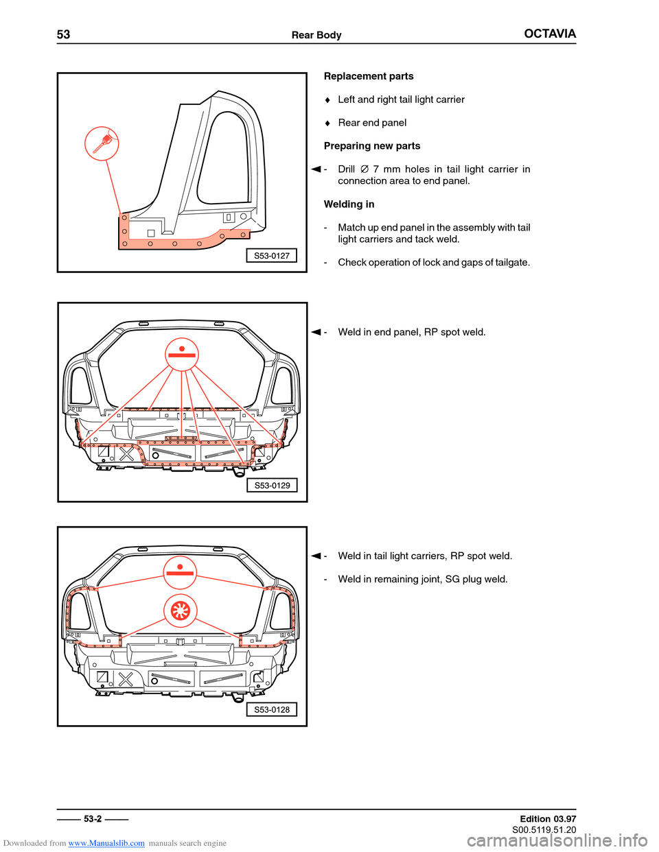 SKODA OCTAVIA 1997 1.G / (1U) Body Repairs Workshop Manual Downloaded from www.Manualslib.com manuals search engine �������
53Rear Body
���������������

� ������������ Edition 03.97
��������������
Replacement parts � Left and right tail light carrier
� Rea