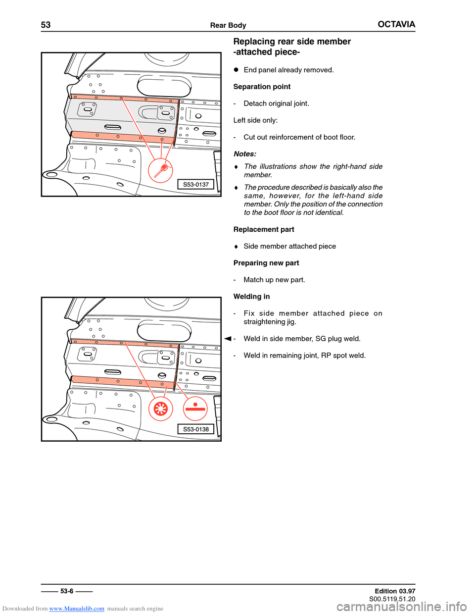 SKODA OCTAVIA 1997 1.G / (1U) Body Repairs Workshop Manual Downloaded from www.Manualslib.com manuals search engine �������
53Rear Body
���������������

� ������������ Edition 03.97
��������������
Replacing rear side member -attached piece-
�
End panel alr