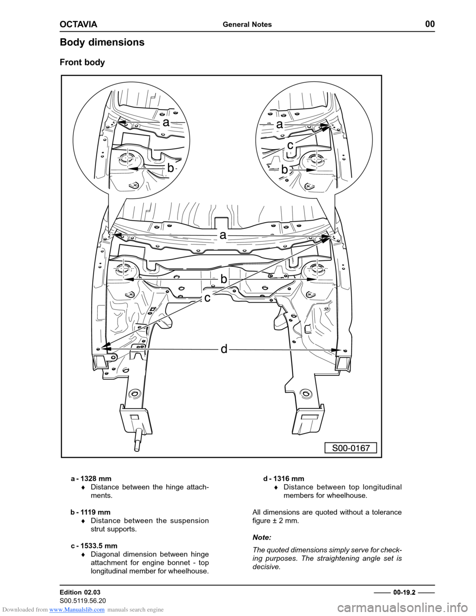 SKODA OCTAVIA 1997 1.G / (1U) Body Repairs Workshop Manual Downloaded from www.Manualslib.com manuals search engine OCTAVIAGeneral Notes00
Edition 02.03 
S00.5119.56.20
Body dimensions Front body
a - 1328 mm
� Distance between the hinge attach- ments.
b - 111