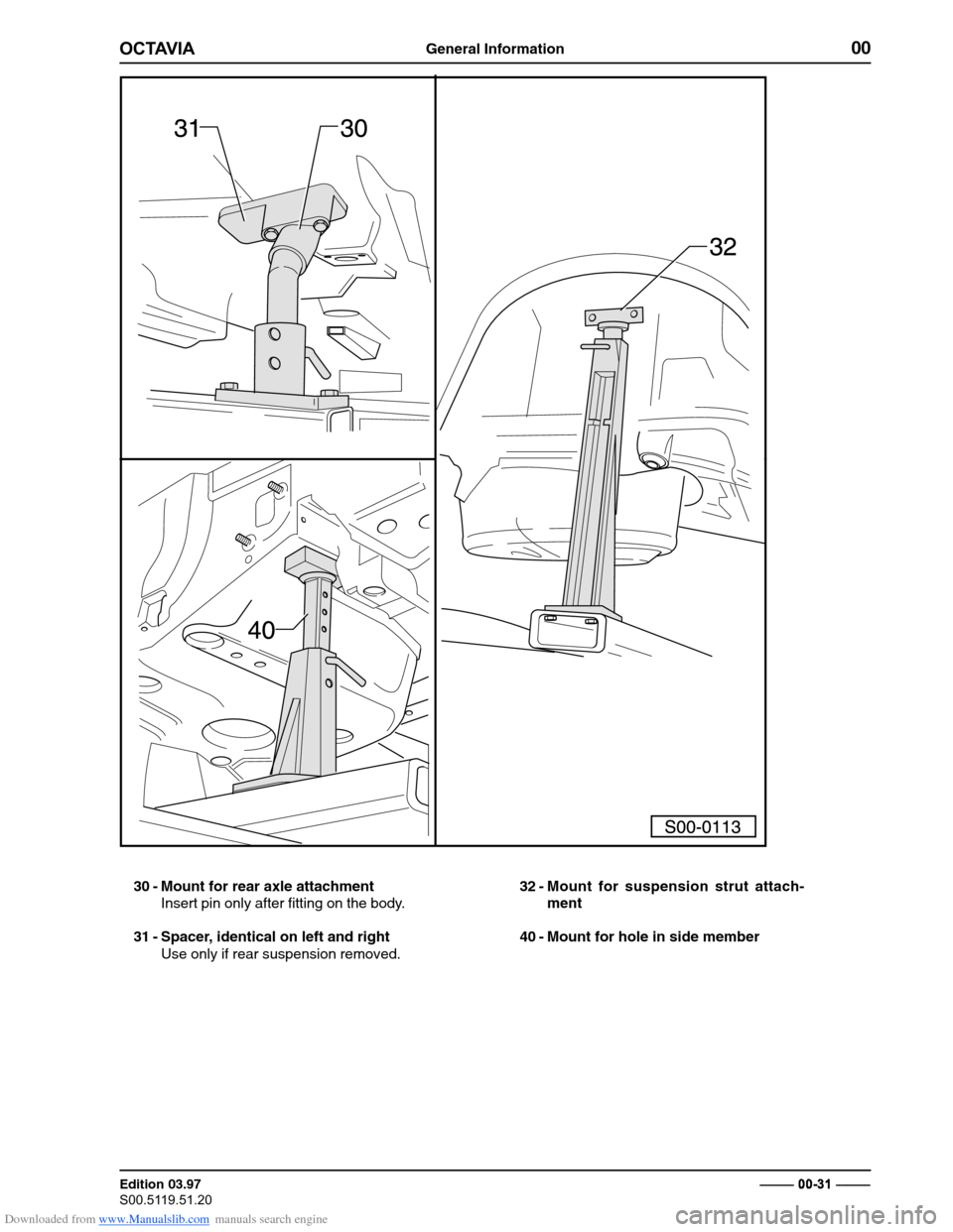 SKODA OCTAVIA 1997 1.G / (1U) Body Repairs Repair Manual Downloaded from www.Manualslib.com manuals search engine General Information00
�������
Edition 03.97 
�������������� ���������������
�
 � ������������
30 - Mount for rear axle attachment
Insert pin