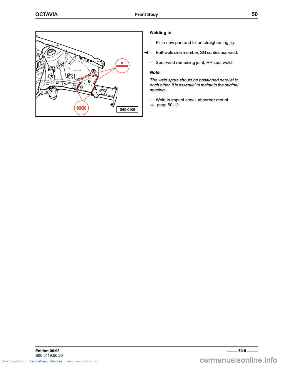 SKODA OCTAVIA 1997 1.G / (1U) Body Repairs Repair Manual Downloaded from www.Manualslib.com manuals search engine �������Front Body50
Edition 08.96 
�����������������������������

� ������������
Welding in 
- Fit in new part and fix on straightening jig.