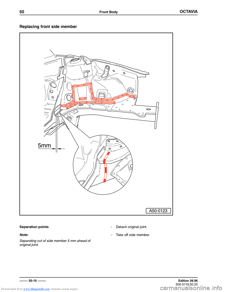SKODA OCTAVIA 1997 1.G / (1U) Body Repairs Repair Manual Downloaded from www.Manualslib.com manuals search engine �������
50Front Body
������������������� � ������������ Edition 08.96
��������������
Replacing front side member
Separation points
Note:
Separa