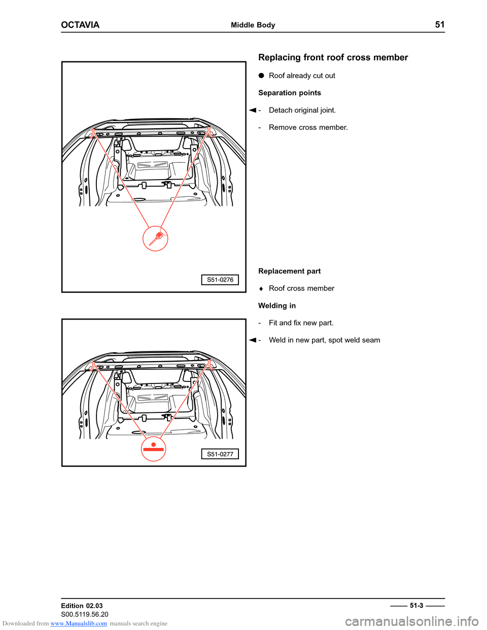SKODA OCTAVIA 1997 1.G / (1U) Body Repairs Manual Online Downloaded from www.Manualslib.com manuals search engine OCTAVIAMiddle Body51
Edition 02.03 
S00.5119.56.20Replacing front roof cross member
�
Roof already cut out
Separation points
� - Detach origina