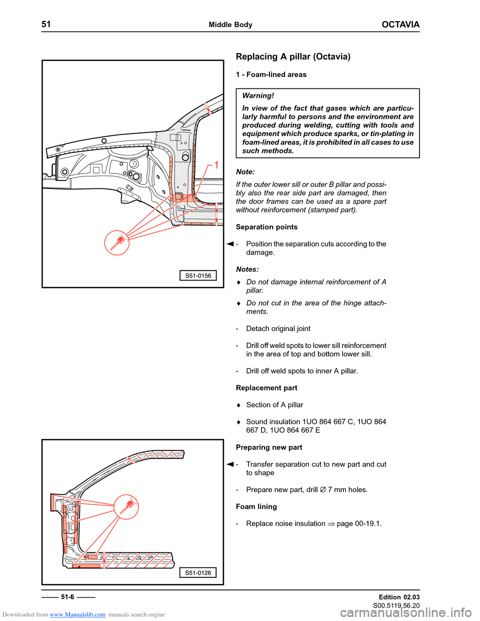 SKODA OCTAVIA 1997 1.G / (1U) Body Repairs Manual Online Downloaded from www.Manualslib.com manuals search engine OCTAVIA
51Middle Body
Edition 02.03
S00.5119.56.20
------------  5
1
6  - ------------
Replacing A pillar (Octavia)
1 - Foam-lined areas
Warni