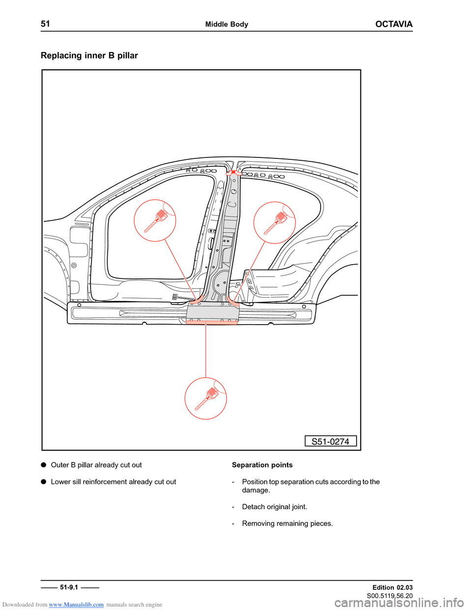 SKODA OCTAVIA 1997 1.G / (1U) Body Repairs Owners Manual Downloaded from www.Manualslib.com manuals search engine OCTAVIA
51Middle Body
Edition 02.03
S00.5119.56.20
------------  5
1
9 .
1  - ------------
Replacing inner B pillar
�
Outer B pillar already c