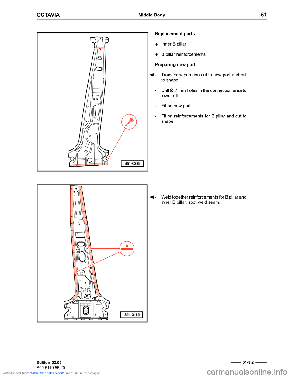 SKODA OCTAVIA 1997 1.G / (1U) Body Repairs Owners Manual Downloaded from www.Manualslib.com manuals search engine OCTAVIAMiddle Body51
Edition 02.03 
S00.5119.56.20------------  5
1
9 .
2  - ------------
Replacement parts � Inner B pillar
� B pillar reinfo