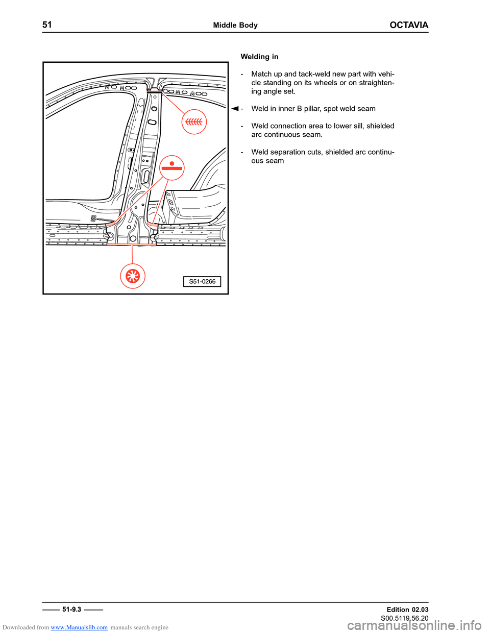 SKODA OCTAVIA 1997 1.G / (1U) Body Repairs Owners Manual Downloaded from www.Manualslib.com manuals search engine OCTAVIA
51Middle Body
Edition 02.03
S00.5119.56.20
Welding in 
- Match up and tack-weld new part with vehi- cle standing on its wheels or on st