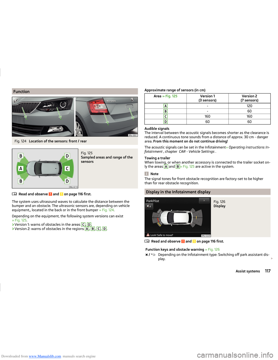SKODA FABIA 2014 3.G / NJ Operating Instruction Manual Downloaded from www.Manualslib.com manuals search engine FunctionFig. 124 
Location of the sensors: front / rear
Fig. 125 
Sampled areas and range of the
sensors
Read and observe  and  on page 116 fir