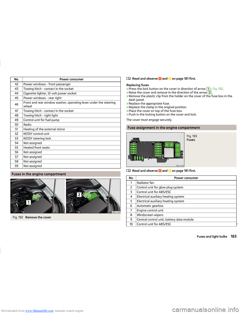 SKODA FABIA 2014 3.G / NJ Operating Instruction Manual Downloaded from www.Manualslib.com manuals search engine No.Power consumer42Power windows - front passenger43Towing hitch - contact in the socket44Cigarette lighter, 12-volt power socket45Power window