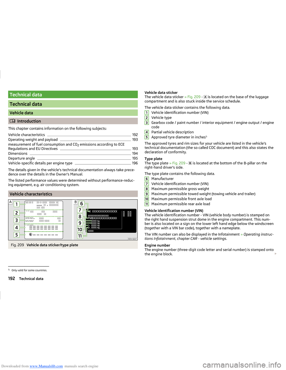 SKODA FABIA 2014 3.G / NJ Operating Instruction Manual Downloaded from www.Manualslib.com manuals search engine Technical data
Technical data
Vehicle data
Introduction
This chapter contains information on the following subjects:
Vehicle characteristics