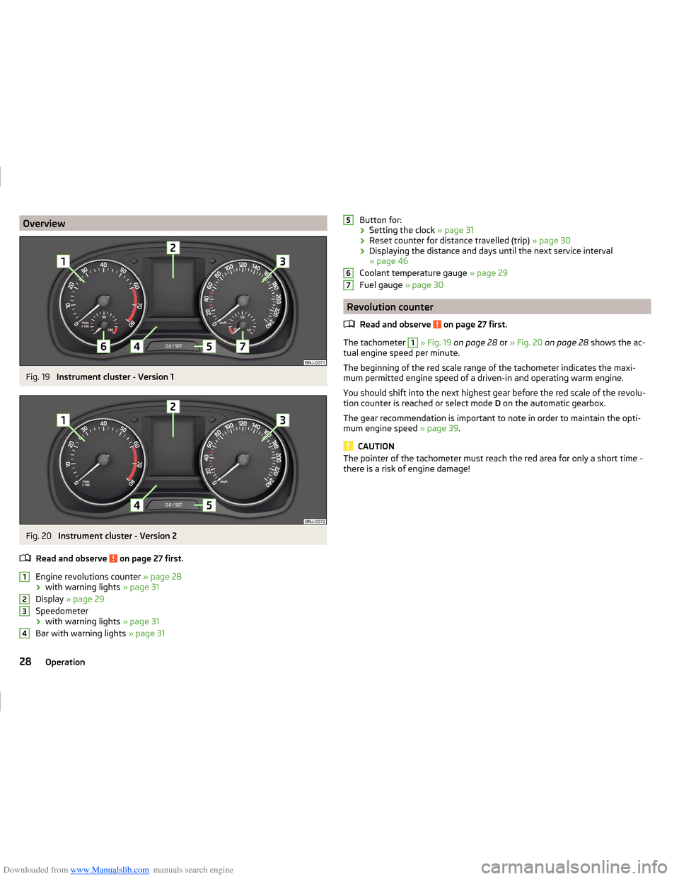 SKODA FABIA 2014 3.G / NJ Operating Instruction Manual Downloaded from www.Manualslib.com manuals search engine OverviewFig. 19 
Instrument cluster - Version 1
Fig. 20 
Instrument cluster - Version 2
Read and observe 
 on page 27 first.
Engine revolutions