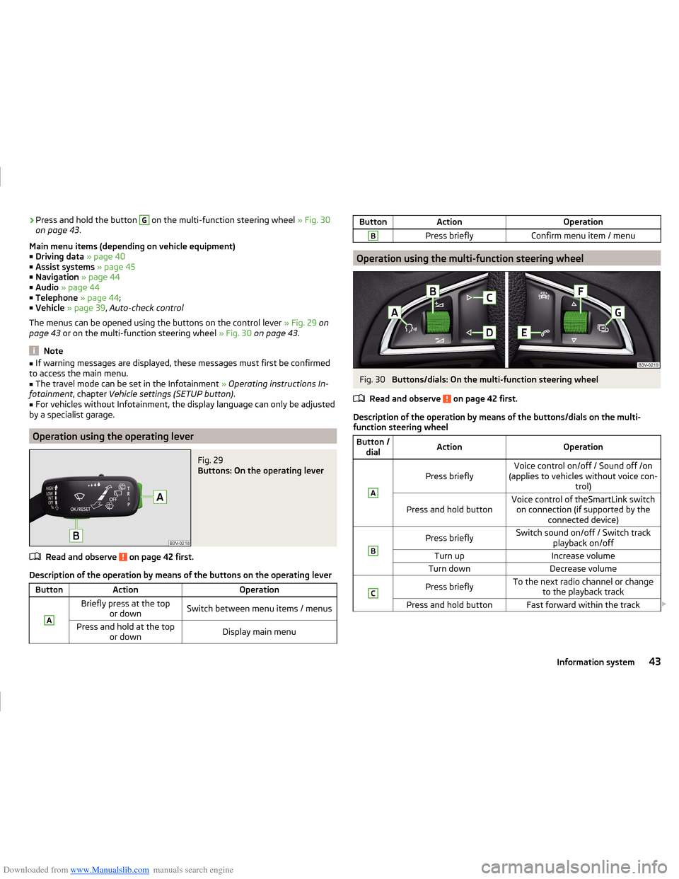 SKODA FABIA 2014 3.G / NJ Operating Instruction Manual Downloaded from www.Manualslib.com manuals search engine ›Press and hold the button G on the multi-function steering wheel 
» Fig. 30
on page 43 .
Main menu items (depending on vehicle equipment) �