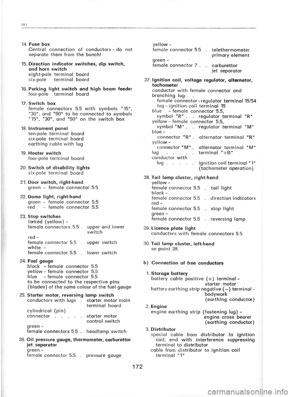 SKODA 120L 1980  Workshop Manual i
iiiI 14. Fuse box
Centrol connection of  conductors  - 
do  not
seporote  them from the  bunch!
15. Direction indicotor switches, dip  switch,
and horn switch
eight-pole  terminol 
boord
six-pole  