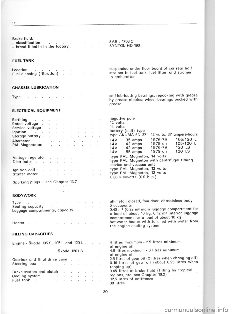 SKODA 120 LSE 1980 Workshop Manual Broke
fluid:
- clossificotion
- brond filled-in in the foctrY -
FUEL TANK
Locotion Fuel cleoning (filtrotion)
CHASSIS LUBRICATION
TyPe
ELECTRICAL EQUIPMENT
Eorthing
Roted voltoge
Service SKODA 120 LSE 1980 Workshop Manual Broke
fluid:
- clossificotion
- brond filled-in in the foctrY -
FUEL TANK
Locotion Fuel cleoning (filtrotion)
CHASSIS LUBRICATION
TyPe
ELECTRICAL EQUIPMENT
Eorthing
Roted voltoge
Service