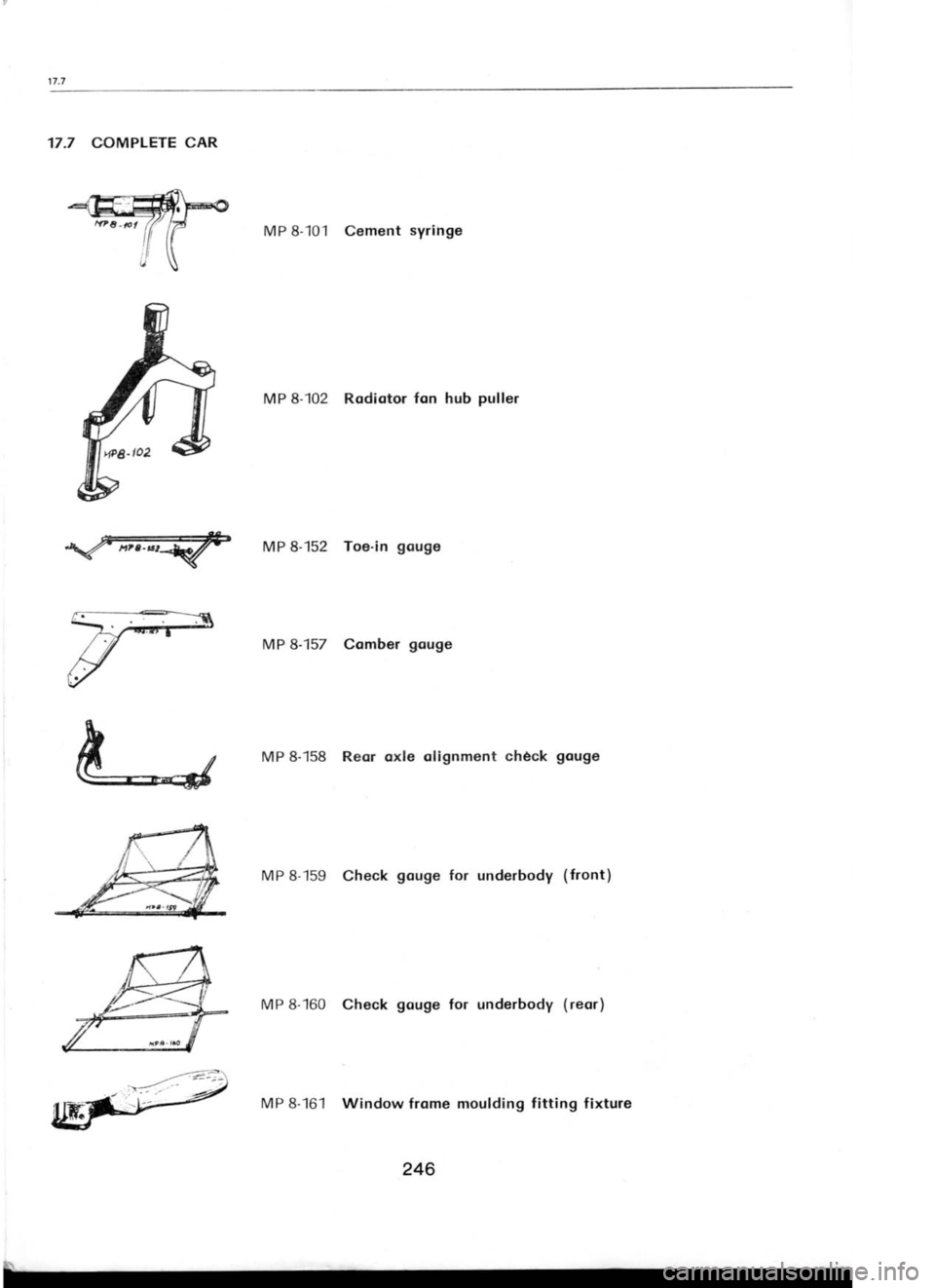 SKODA 120 LSE 1980  Workshop Manual 17.7  COMPLETE 
CAR
T &:* MP 8-101  Cement 
syringe
MP 8-102  Rodiotor fon  hub  puller
MP 8-152  Toe-in gouge
MP 8-157  Comber gouge
MP 8-158  Reor oxle olignment  check gouge
MP 8-159  Check gouge 
