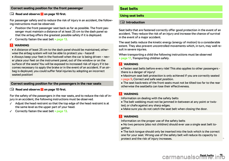 SKODA CITIGO 2018 User Guide Correct seating position for the front passenger�