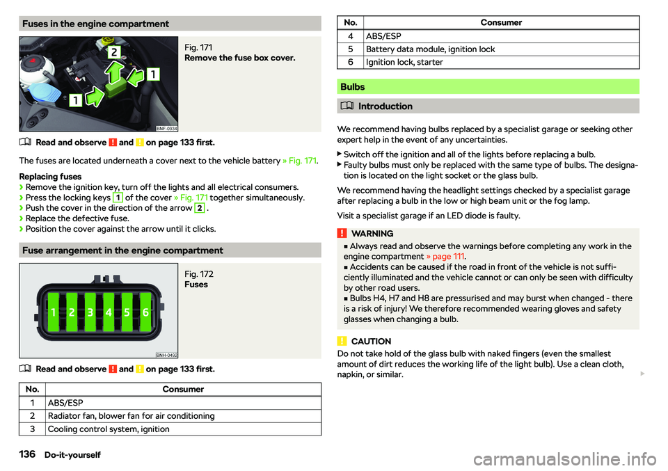 SKODA CITIGO 2018  Owners Manual Fuses in the engine compartmentFig. 171 
Remove the fuse box cover.
�