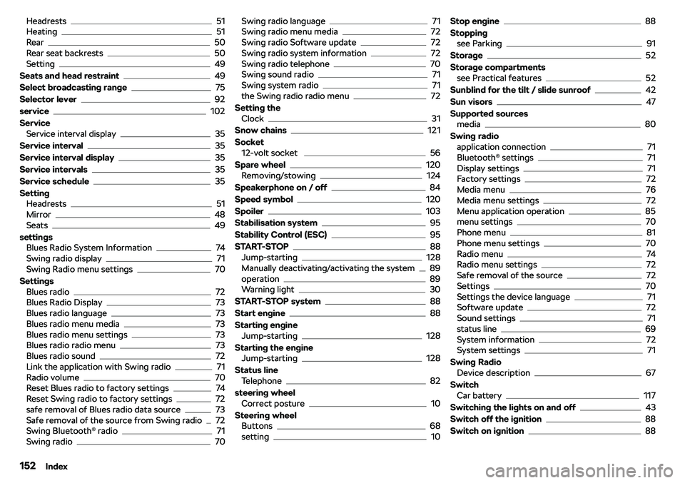 SKODA CITIGO 2018 Owners Manual Headrests51
Heating51
Rear50
Rear seat backrests50
Setting49
Seats and head restraint
49
Select broadcasting range
75
Selector lever
92
service
102
Service Service interval display
35
Service interval SKODA CITIGO 2018 Owners Manual Headrests51
Heating51
Rear50
Rear seat backrests50
Setting49
Seats and head restraint
49
Select broadcasting range
75
Selector lever
92
service
102
Service Service interval display
35
Service interval