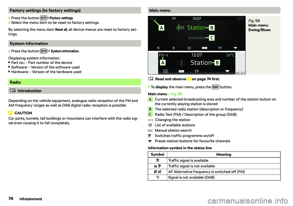 SKODA CITIGO 2018 Manual PDF Factory settings (to factory settings)