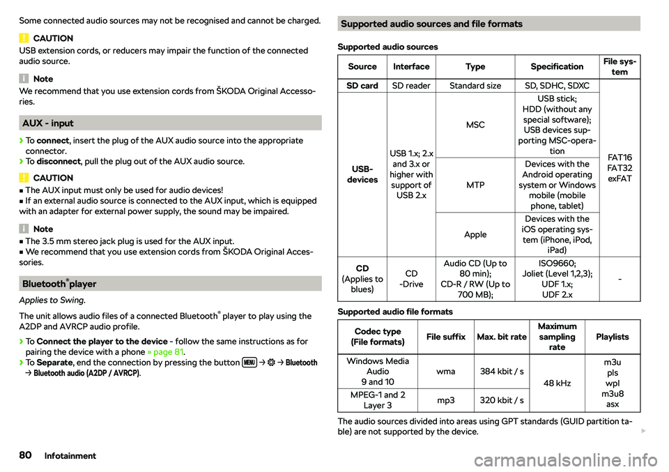 SKODA CITIGO 2018 Manual Online Some connected audio sources may not be recognised and cannot be charged.
CAUTION
USB extension cords, or reducers may impair the function of the connected
audio source.
Note
We recommend that you use