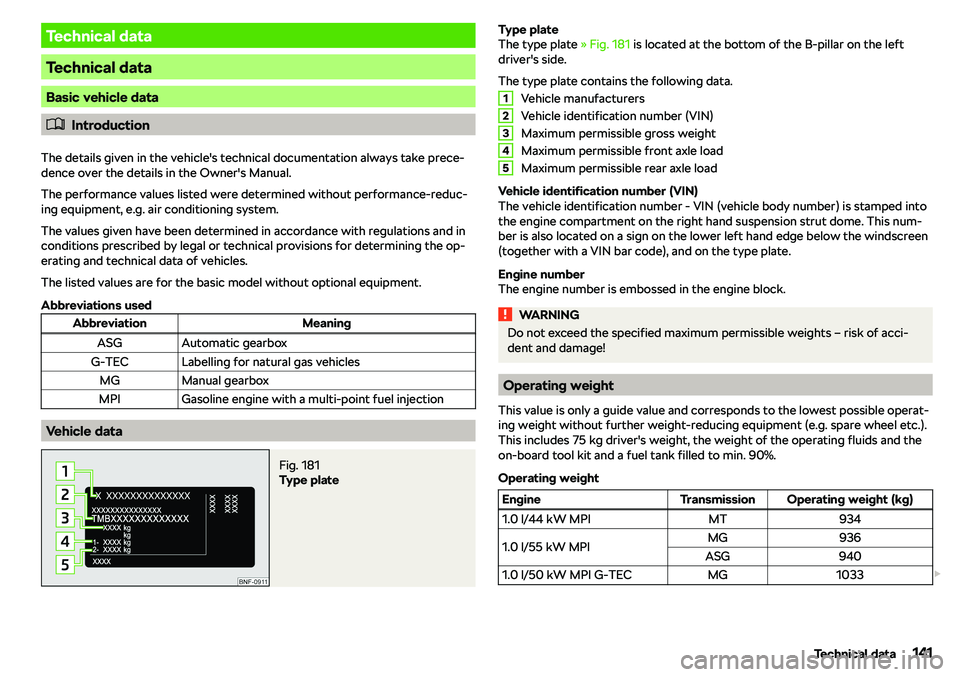 SKODA CITIGO 2019  Owners Manual Technical data
Technical data
Basic vehicle data
�