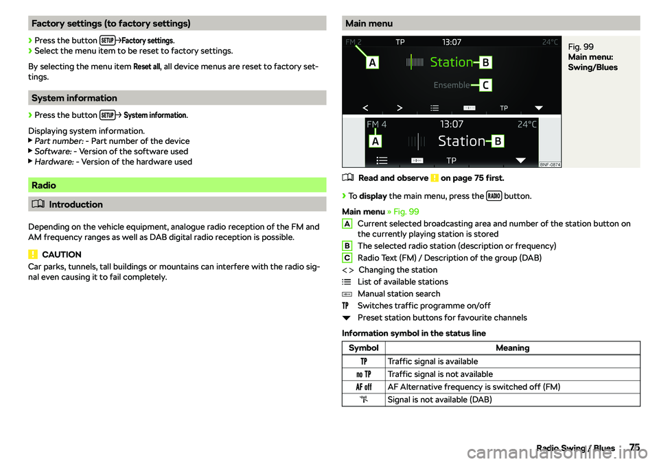 SKODA CITIGO 2019 Manual PDF Factory settings (to factory settings)