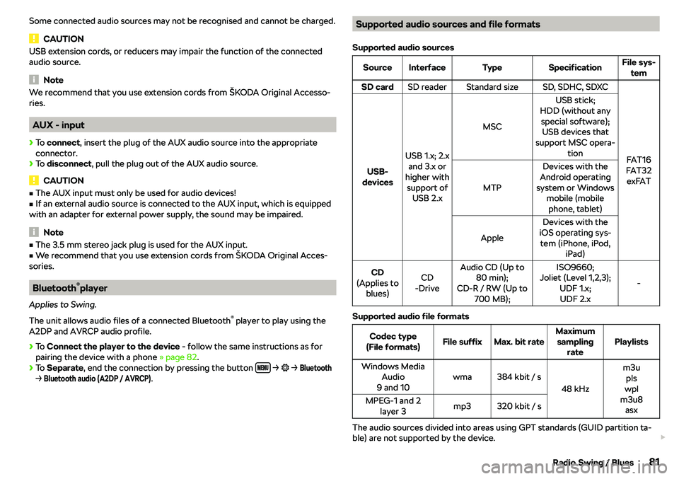 SKODA CITIGO 2019 Manual Online Some connected audio sources may not be recognised and cannot be charged.
CAUTION
USB extension cords, or reducers may impair the function of the connected
audio source.
Note
We recommend that you use