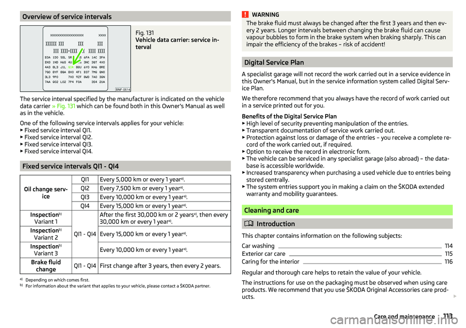 SKODA CITIGO 2017  Owners Manual Overview of service intervalsFig. 131 
Vehicle data carrier: service in-
terval
The service interval specified by the manufacturer is indicated on the vehicle
data carrier  » Fig. 131 which can be fo