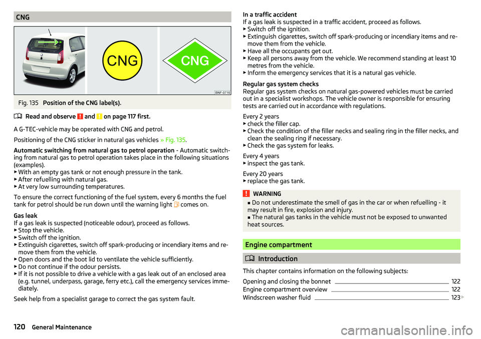 SKODA CITIGO 2017 Owners Manual CNGFig. 135
Position of the CNG label(s).
Read and observe
and on page 117 first.
A G-TEC-vehicle may be operated with CNG and petrol.
Positioning of the CNG sticker in natural gas vehicles » Fi SKODA CITIGO 2017 Owners Manual CNGFig. 135
Position of the CNG label(s).
Read and observe
and on page 117 first.
A G-TEC-vehicle may be operated with CNG and petrol.
Positioning of the CNG sticker in natural gas vehicles » Fi