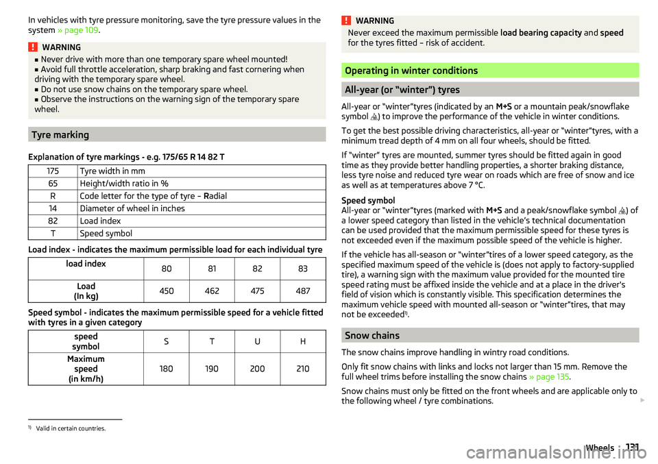 SKODA CITIGO 2017  Owners Manual In vehicles with tyre pressure monitoring, save the tyre pressure values in the
system  » page 109 .WARNING■
Never drive with more than one temporary spare wheel mounted!■Avoid full throttle acce