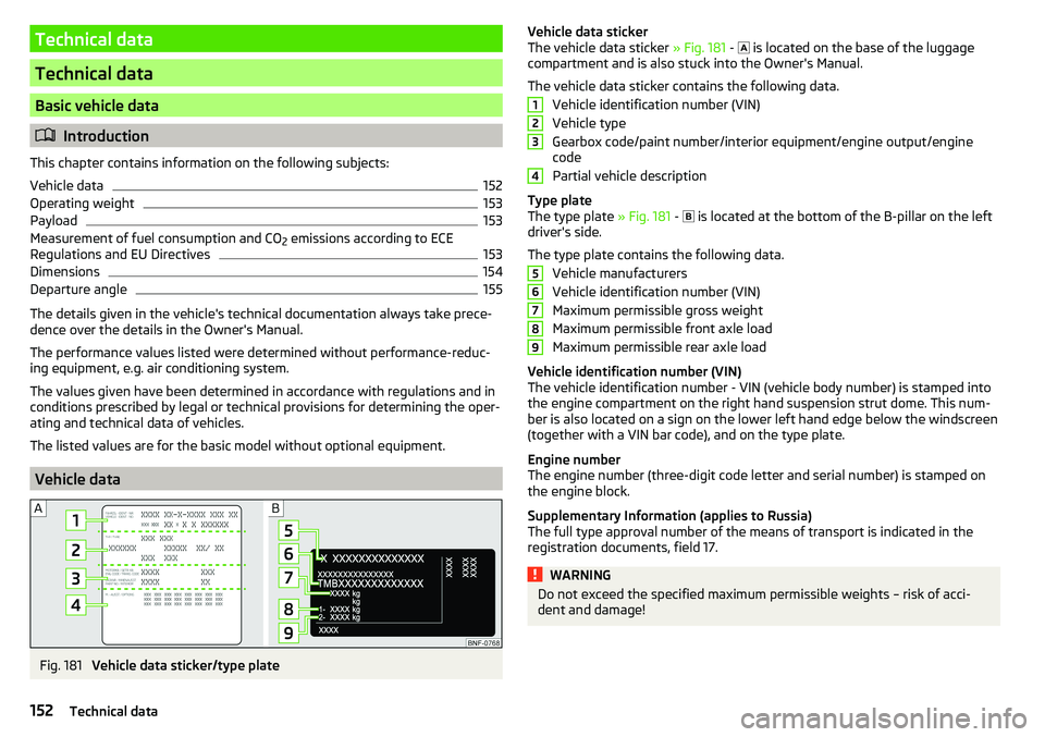 SKODA CITIGO 2017  Owners Manual Technical data
Technical data
Basic vehicle data
Introduction
This chapter contains information on the following subjects:
Vehicle data
152
Operating weight
153
Payload
153
Measurement of fuel cons