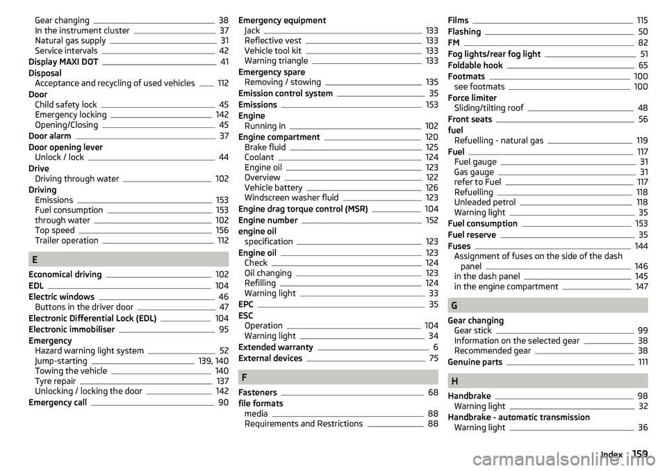 SKODA CITIGO 2017 Owners Manual Gear changing38
In the instrument cluster37
Natural gas supply31
Service intervals42
Display MAXI DOT41
Disposal Acceptance and recycling of used vehicles
112
Door Child safety lock
45
Emergency locki SKODA CITIGO 2017 Owners Manual Gear changing38
In the instrument cluster37
Natural gas supply31
Service intervals42
Display MAXI DOT41
Disposal Acceptance and recycling of used vehicles
112
Door Child safety lock
45
Emergency locki