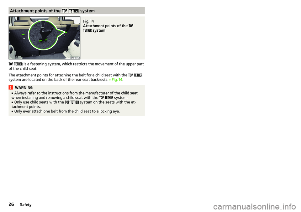SKODA CITIGO 2017 Owners Manual Attachment points of the   systemFig. 14 
Attachment points of the 
  system
 
  is a fastening system, which restricts