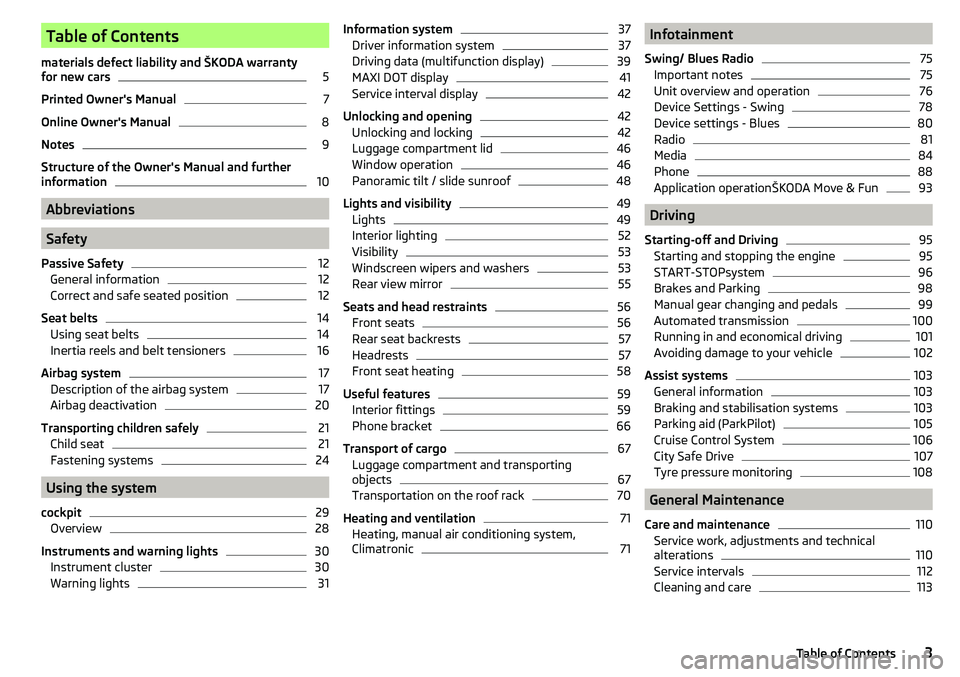 SKODA CITIGO 2017  Owners Manual Table of Contents
materials defect liability and ŠKODA warranty
for new cars5
Printed Owner's Manual
7
Online Owner's Manual
8
Notes
9
Structure of the Owner's Manual and further
informat