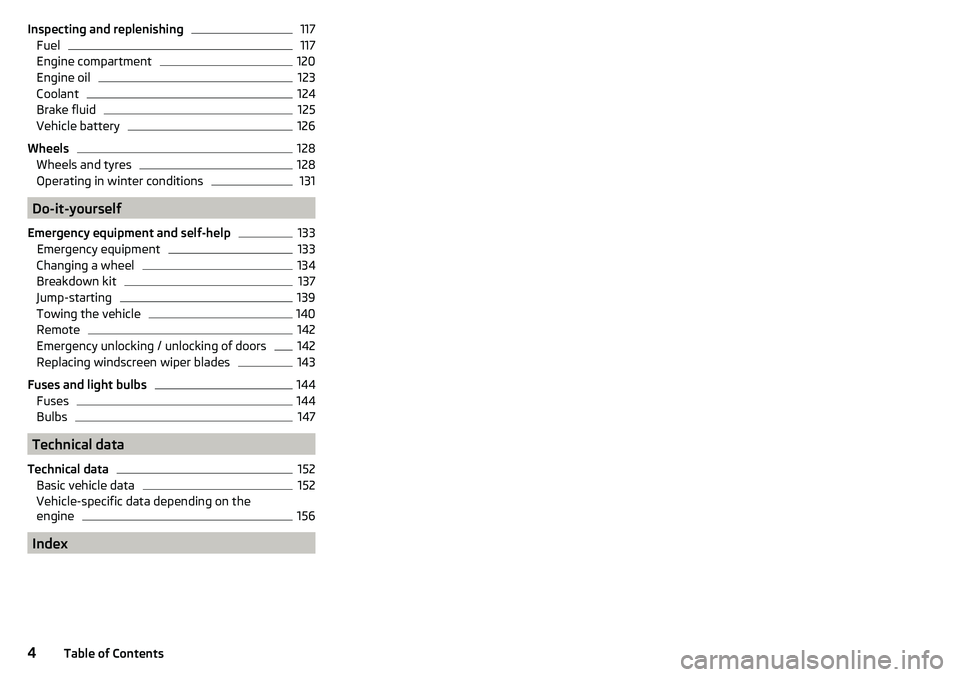 SKODA CITIGO 2017  Owners Manual Inspecting and replenishing117Fuel117
Engine compartment
120
Engine oil
123
Coolant
124
Brake fluid
125
Vehicle battery
126
Wheels
128
Wheels and tyres
128
Operating in winter conditions
131
Do-it-you