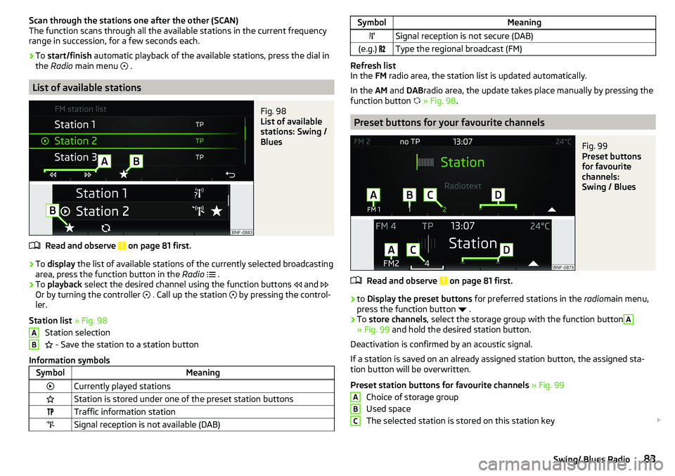SKODA CITIGO 2017  Owners Manual Scan through the stations one after the other (SCAN)
The function scans through all the available stations in the current frequency range in succession, for a few seconds each.›
To  start/finish  au
