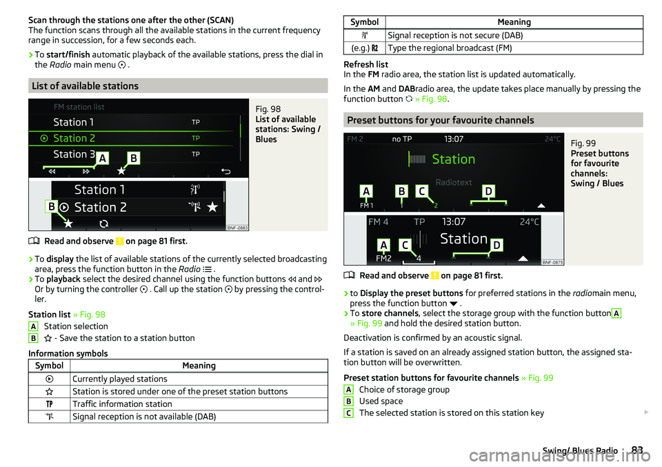 SKODA CITIGO 2017 Manual Online Scan through the stations one after the other (SCAN)
The function scans through all the available stations in the current frequency range in succession, for a few seconds each.›
To start/finish au SKODA CITIGO 2017 Manual Online Scan through the stations one after the other (SCAN)
The function scans through all the available stations in the current frequency range in succession, for a few seconds each.›
To start/finish au