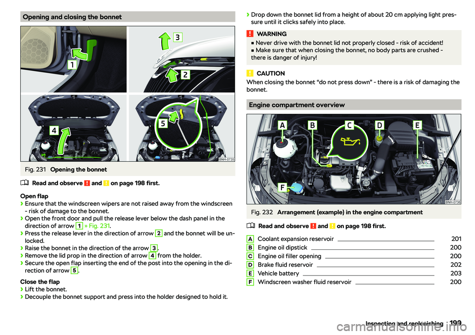 SKODA RAPID SPACEBACK 2019  Owners Manual Opening and closing the bonnetFig. 231 
Opening the bonnet
�