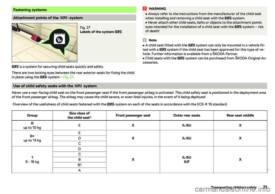 SKODA RAPID SPACEBACK 2019 Owners Guide Fastening systems
Attachment points of the ������-system
Fig. 27 
Labels of the system ������
������ is a system for securing child seats quickly 