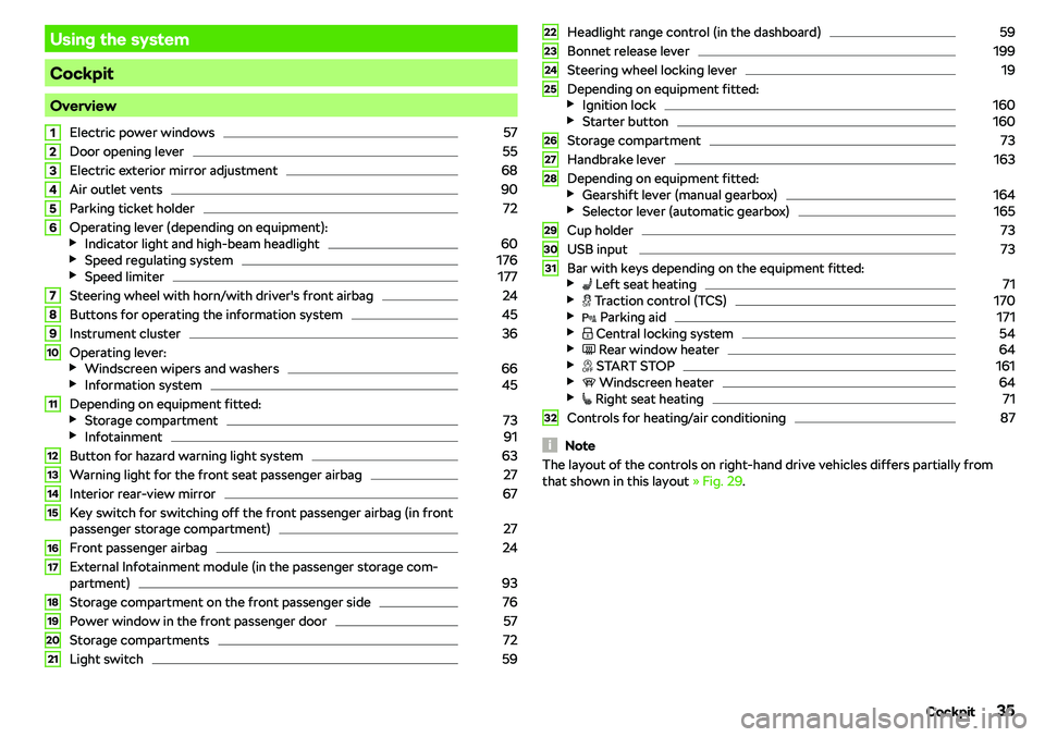 SKODA RAPID SPACEBACK 2019 Owners Guide Using the system
Cockpit
OverviewElectric power windows
57
Door opening lever
55
Electric exterior mirror adjustment
68
Air outlet vents
90
Parking ticket holder
72
Operating lever (depending on equip