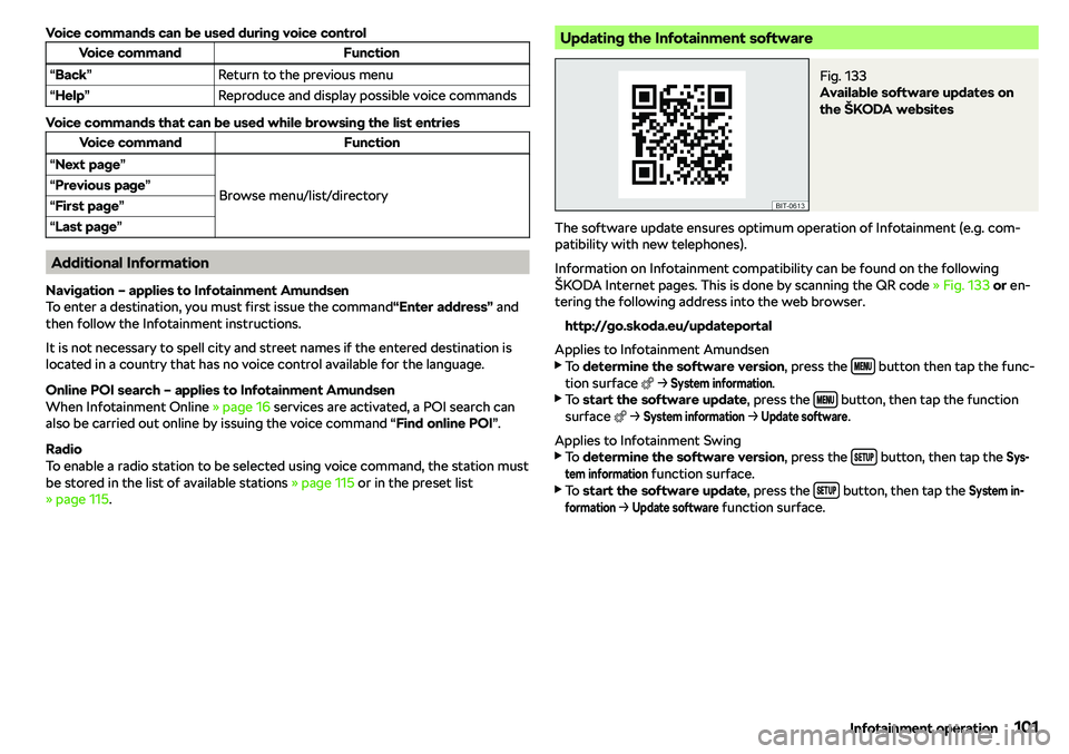 SKODA RAPID SPACEBACK 2018  Owners Manual Voice commands can be used during voice controlVoice commandFunction“Back ”Return to the previous menu“Help ”Reproduce and display possible voice commands
Voice commands that can be used while