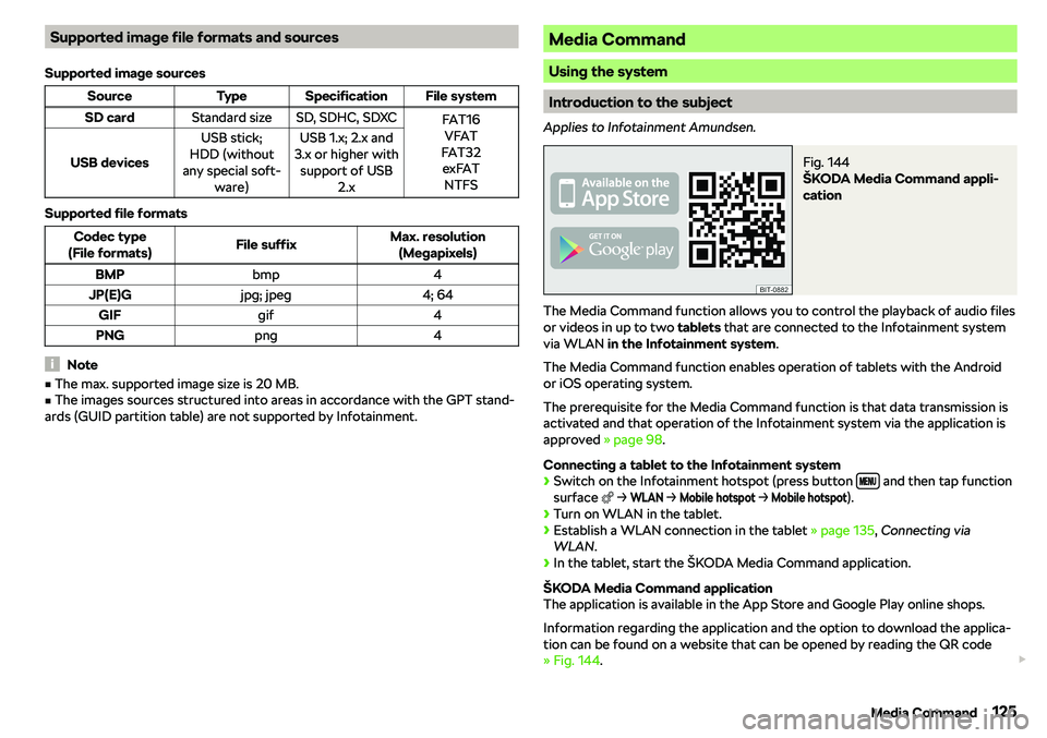 SKODA RAPID SPACEBACK 2018  Owners Manual Supported image file formats and sources
Supported image sourcesSourceTypeSpecificationFile systemSD cardStandard sizeSD, SDHC, SDXCFAT16 VFAT
FAT32 exFAT NTFS
USB devices
USB stick