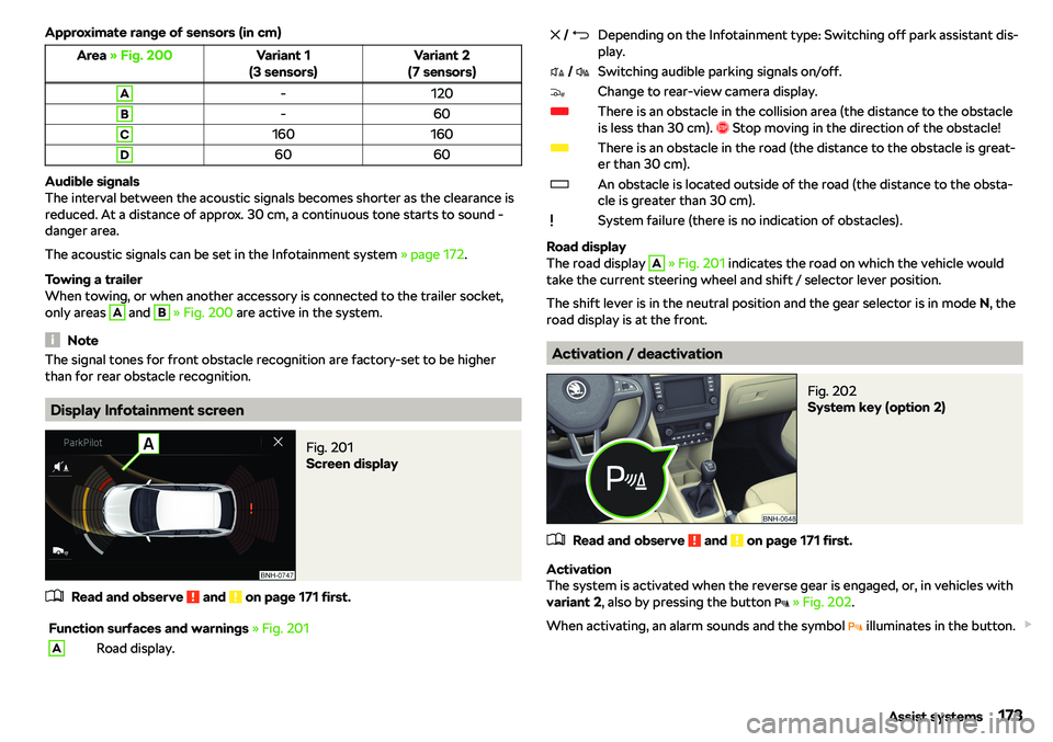 SKODA RAPID SPACEBACK 2018  Owners Manual Approximate range of sensors (in cm)Area 