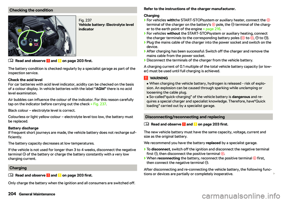 SKODA RAPID SPACEBACK 2018  Owners Manual Checking the conditionFig. 237 
Vehicle battery: Electrolyte level
indicator
�