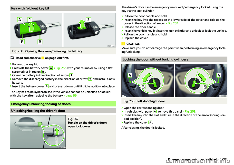 SKODA RAPID SPACEBACK 2018  Owners Manual Key with fold-out key bitFig. 256 
Opening the cover/removing the battery
�